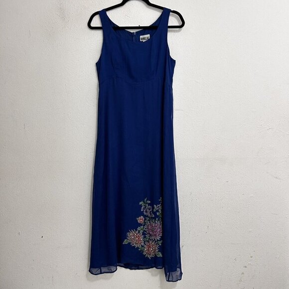VTG Robbie Bee Blue Beaded Floral Print Sleeveless Lined Silk Shift Dress Size 6 - Picture 1 of 12